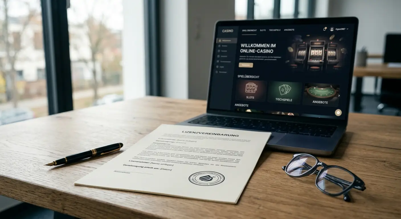 Beste online casinos ohne OASIS 2026 im Test – Schreibtisch mit Lizenzdokument und Laptop