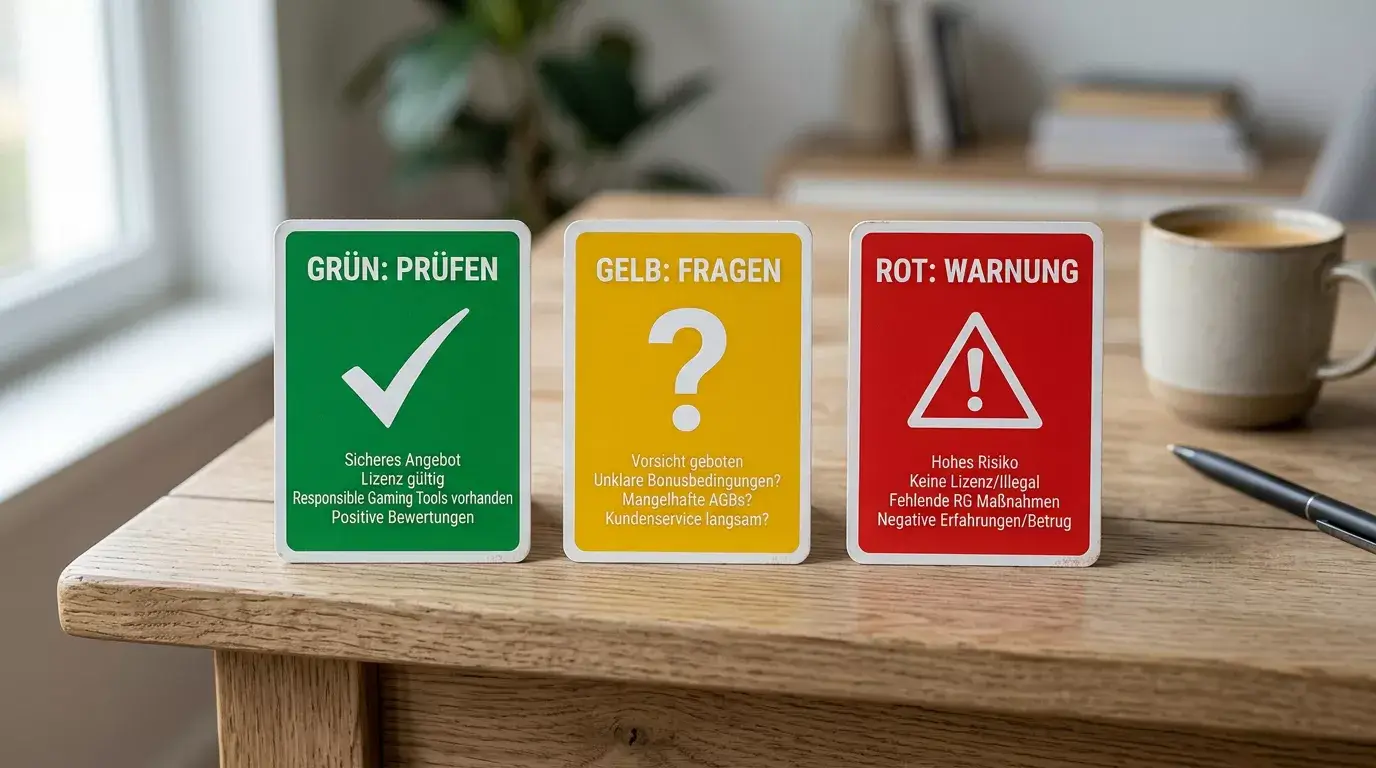 Ruhige Risikokarte mit roten, gelben und grünen Hinweisfeldern für Glücksspielangebote