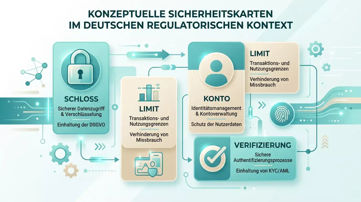 Abstrakte Darstellung von Schutzsystemen, Sperre, Limit und Kontoprüfung als verbundene Karten