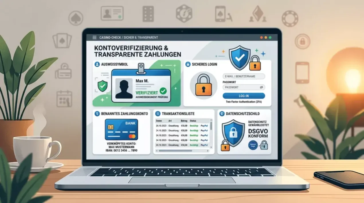 Sichere Kontoprüfung mit Identitätskarte, Zahlungssymbol und übersichtlicher Transaktionsliste
