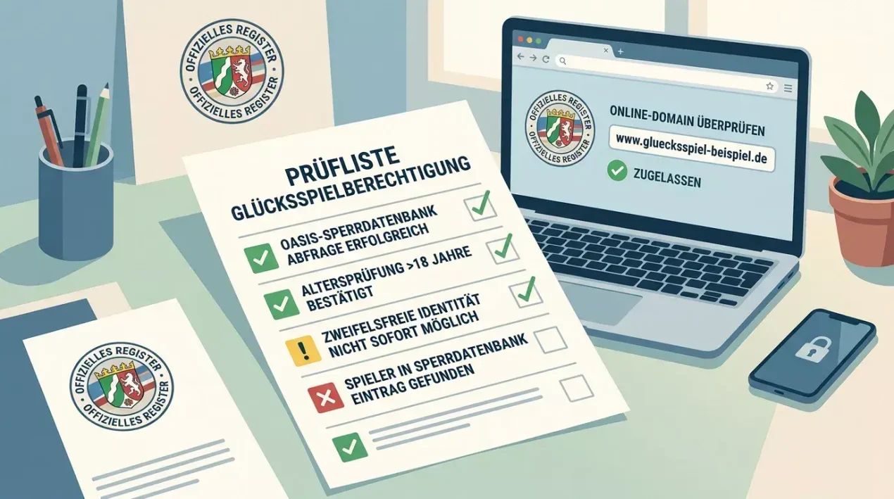 Ruhiger Arbeitsplatz mit Checkliste, Registersymbol und klaren Prüfschritten für Glücksspielangebote